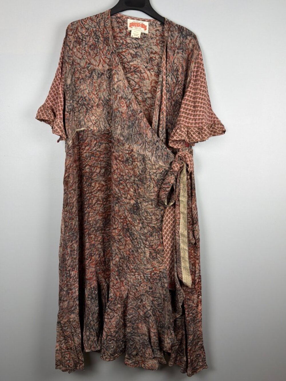 Kantha Bae Wrap Dress Patchwork Bohemian Festival Silk Brown Gypsy Hippie Ruffle